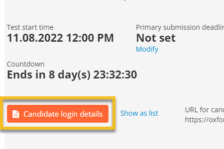 Candidate login details button in Inspera